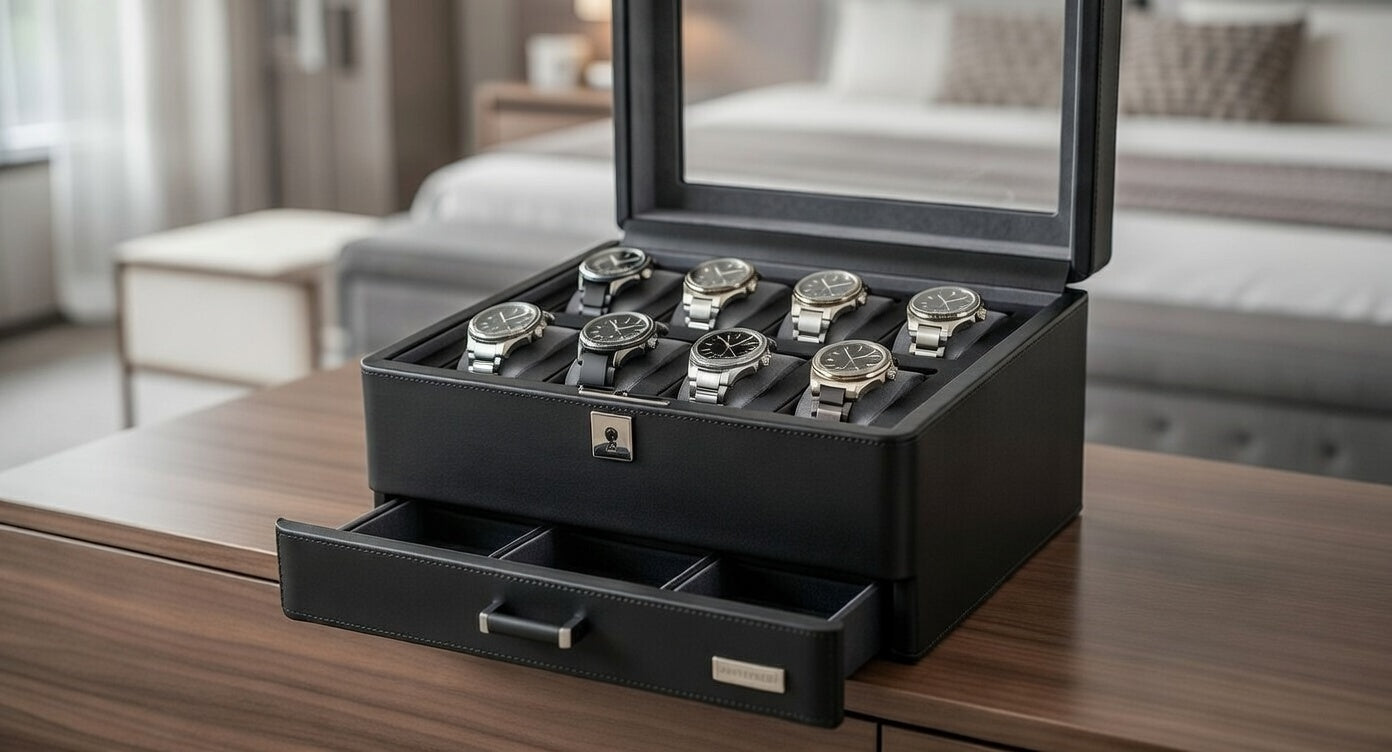 Hochwertige Windrose Uhrenbox aus Recyceltem Leder