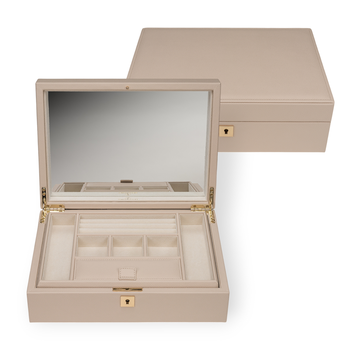 Charmbox luxora beige – geöffnet mit Spiegel, Frontansicht mit geschlossener Box