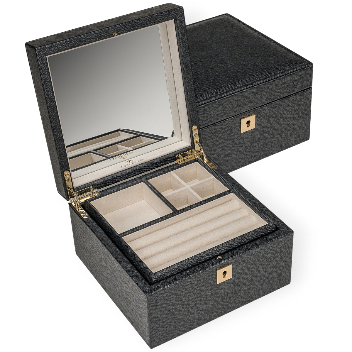 Schmuckkoffer luxora schwarz (Art.-Nr. 803991.08) – geöffnet mit Spiegel, Schrägansicht mit geschlossener Box
