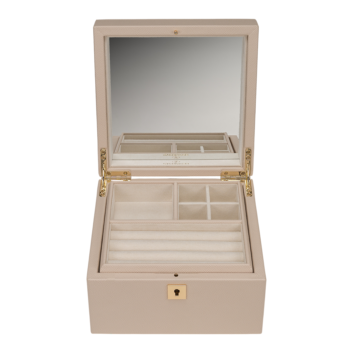 Schmuckkoffer luxora beige (Art.-Nr. 803991.12) – geöffnet mit Spiegel, Frontansicht