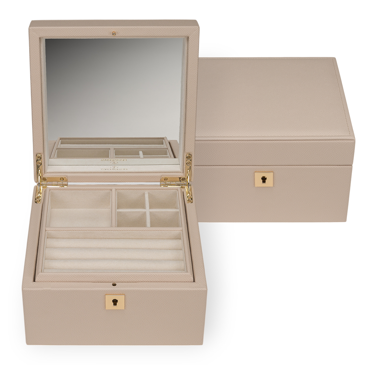 Schmuckkoffer luxora beige (Art.-Nr. 803991.12) – geöffnet mit Spiegel, Frontansicht mit geschlossener Box