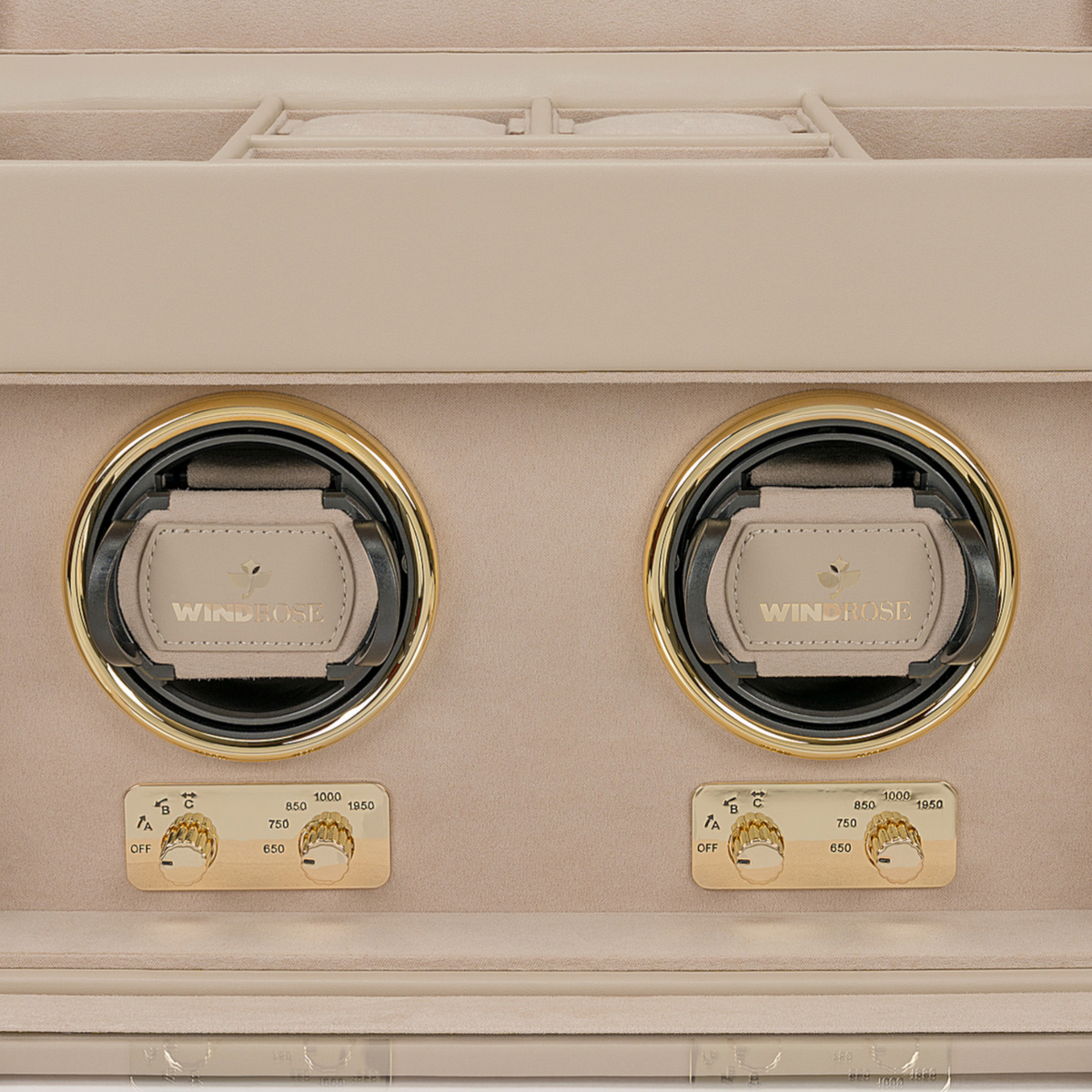 Uhrenbeweger 2 Uhren luxora beige-gold – Detailansicht Uhrenhalter und Bedienfelder
